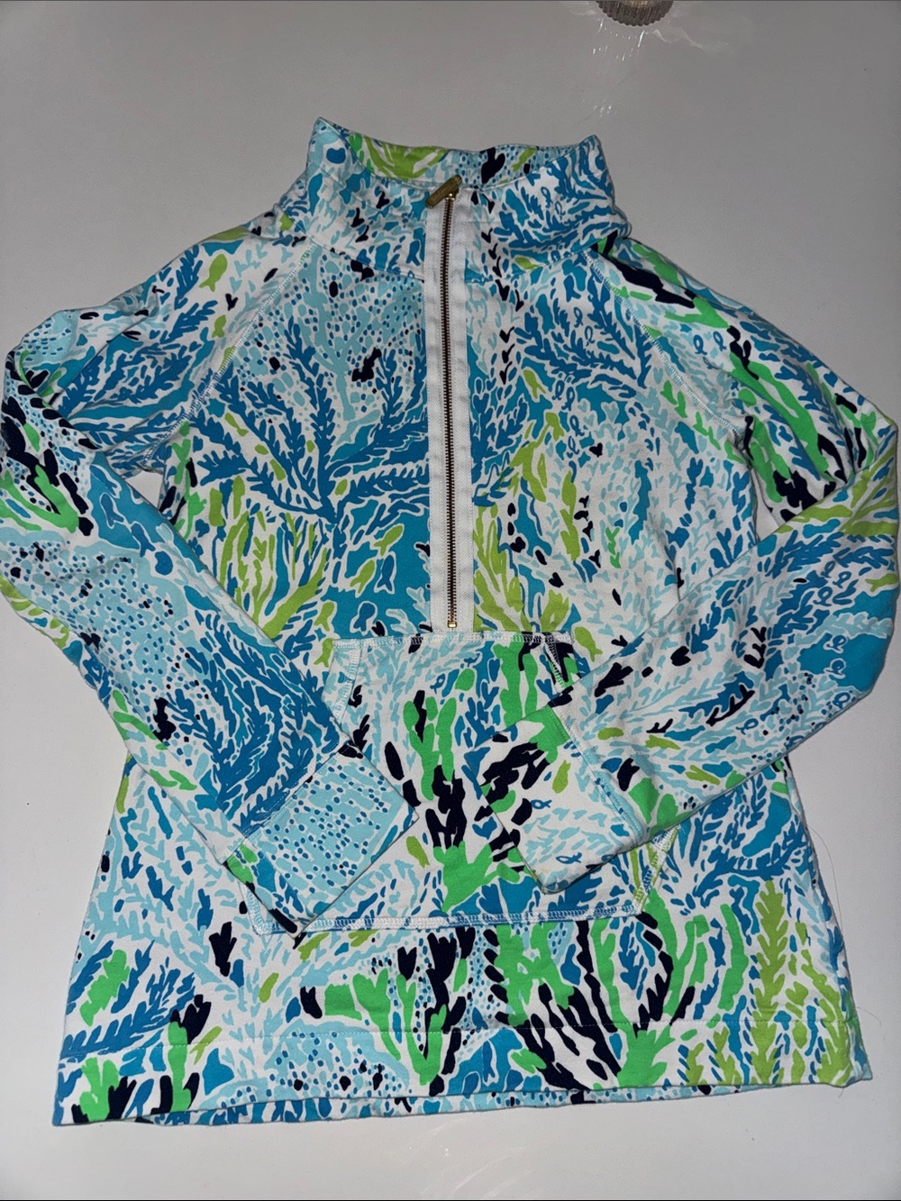 Lilly Pulitzer Blue, Aqua & Green Printed Half-Zip Pullover SIZE SMALL GOOD COND